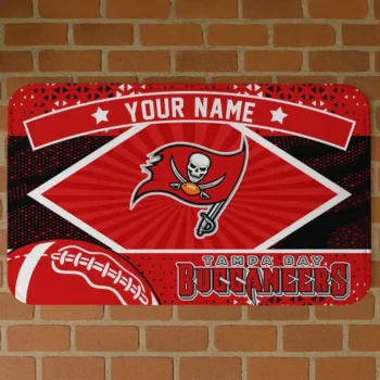 Custom Red/Black Football Crest Tampa Bay Buccaneers Doormat - Personalized Non-Slip Fan Mat