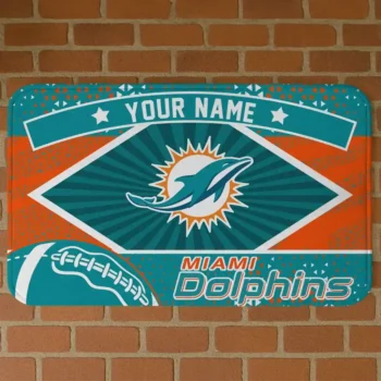 Custom Aqua/Orange Football Crest Miami Dolphins Doormat - Personalized Non-Slip Fan Mat