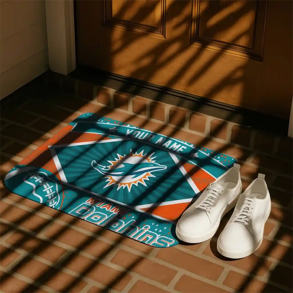 customized-miami-dolphins-football-crest-aqua-black-doormat-trendy.webp