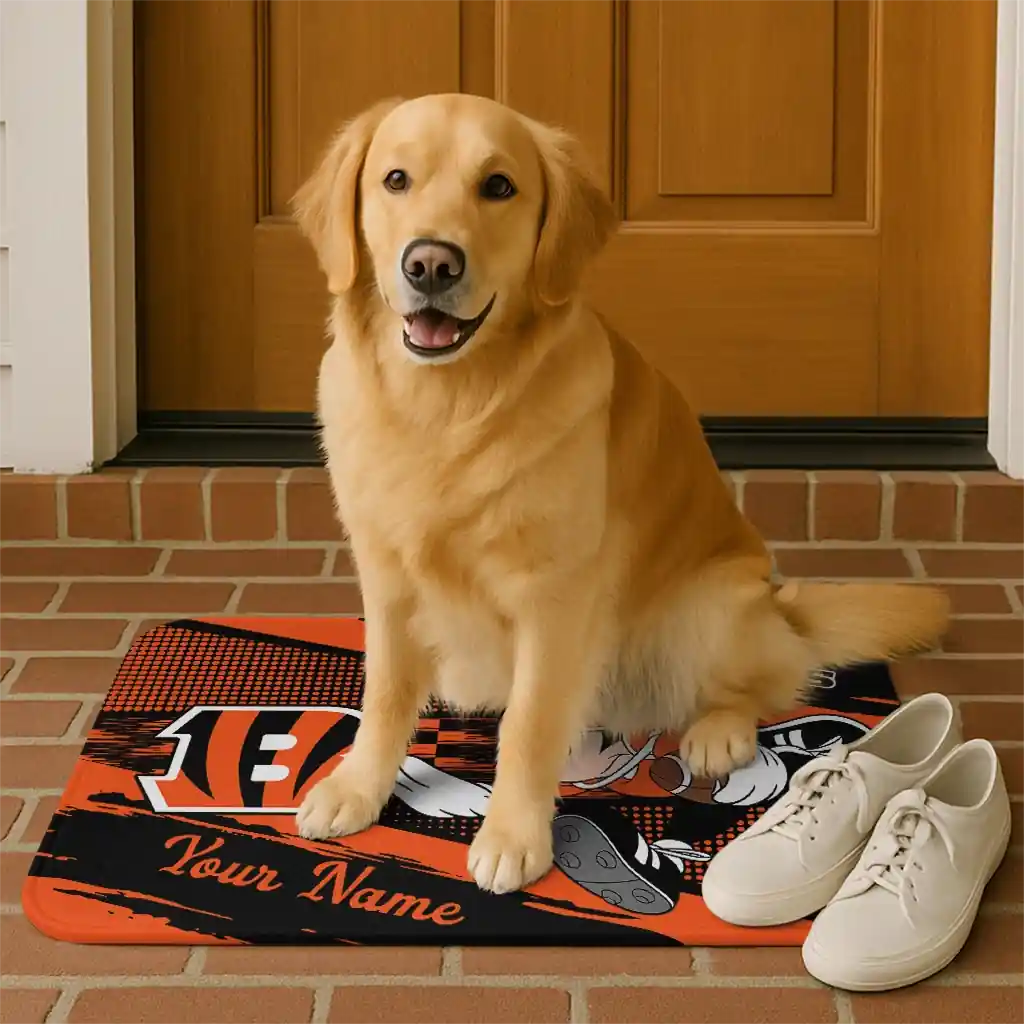 customized-cincinnati-bengals-mickey-quarterback-orange-black-doormat-high-quality.webp