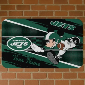 Custom Black/Green Mickey Quarterback New York Jets Doormat - Personalized Non-Slip Fan Mat