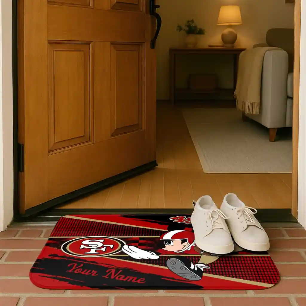 customized-san-francisco-49ers-mickey-quarterback-red-black-doormat-fashion-forward.webp