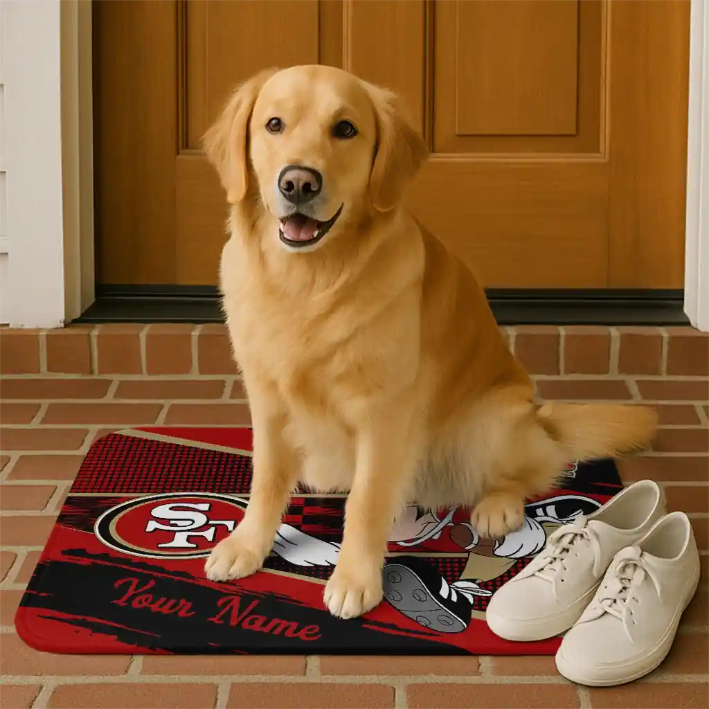 customized-san-francisco-49ers-mickey-quarterback-red-black-doormat-high-quality.webp