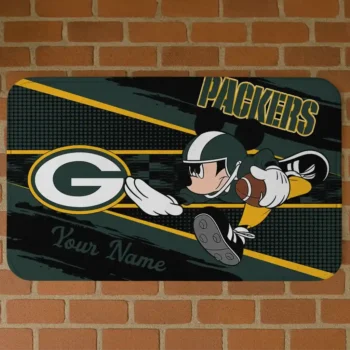 Custom Black/Green Mickey Quarterback Green Bay Packers Doormat - Personalized Non-Slip Fan Mat
