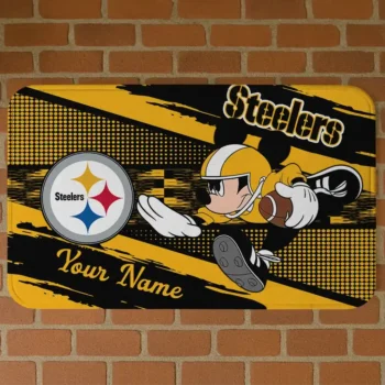 Custom Black/Gold Mickey Quarterback Pittsburgh Steelers Doormat - Personalized Non-Slip Fan Mat